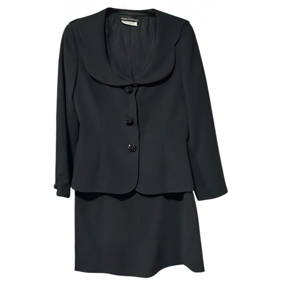 Pamela Dennis for Bergdorf Goodman Black Shawl Collar Skirt Suit Size 12